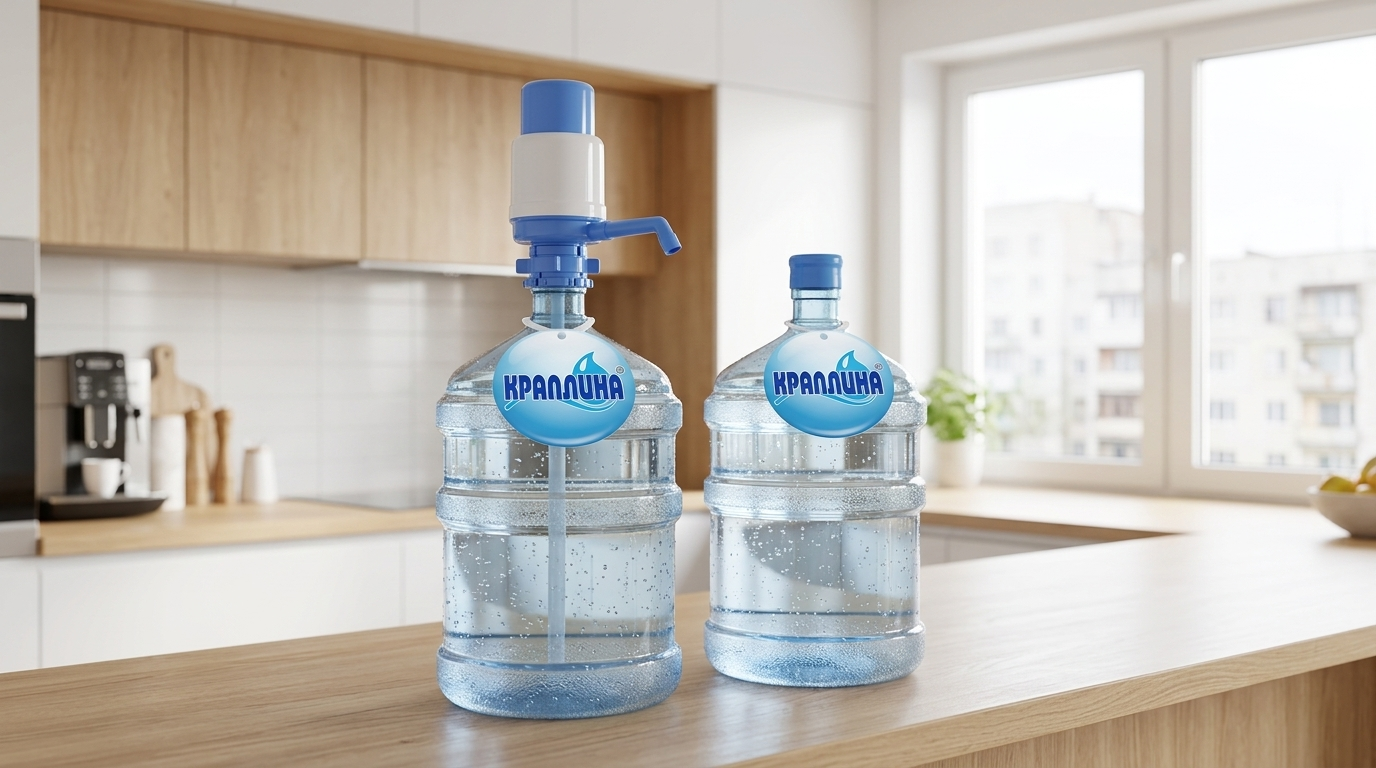 Два бутлі води «Краплина» — на одному встановлена помпа — стоять на дерев'яній стільниці сучасної кухні
